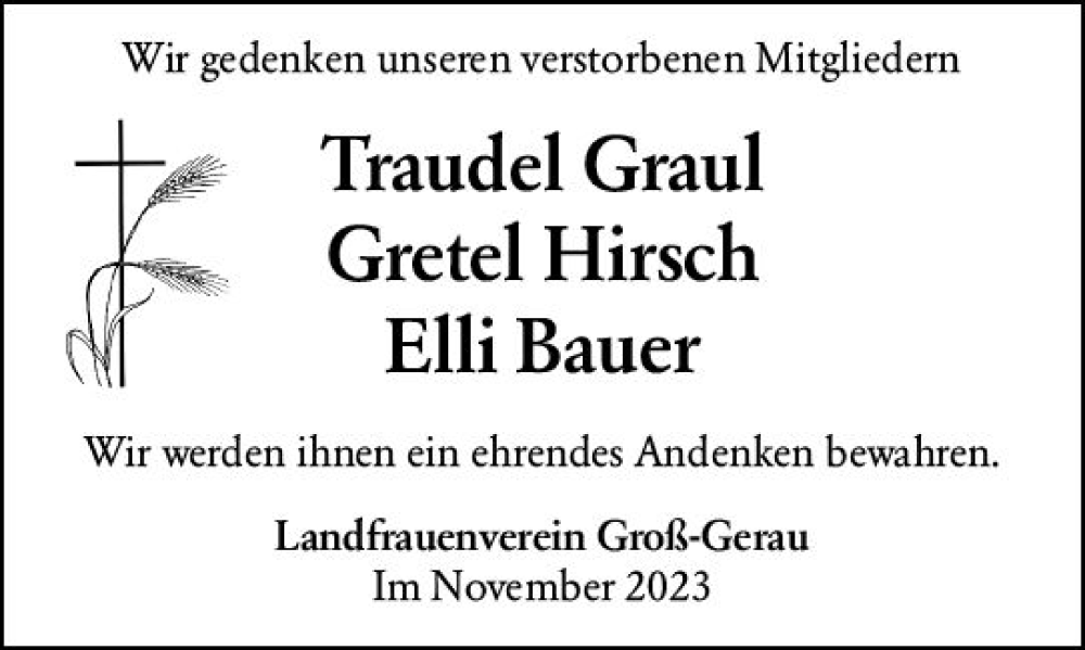  Traueranzeige für Traudel Graul vom 25.11.2023 aus Groß-Gerauer Echo