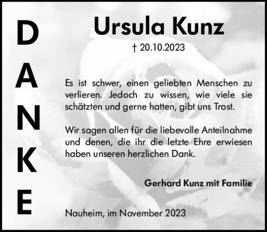 Traueranzeige von Ursula Kunz von Rüsselsheimer Echo