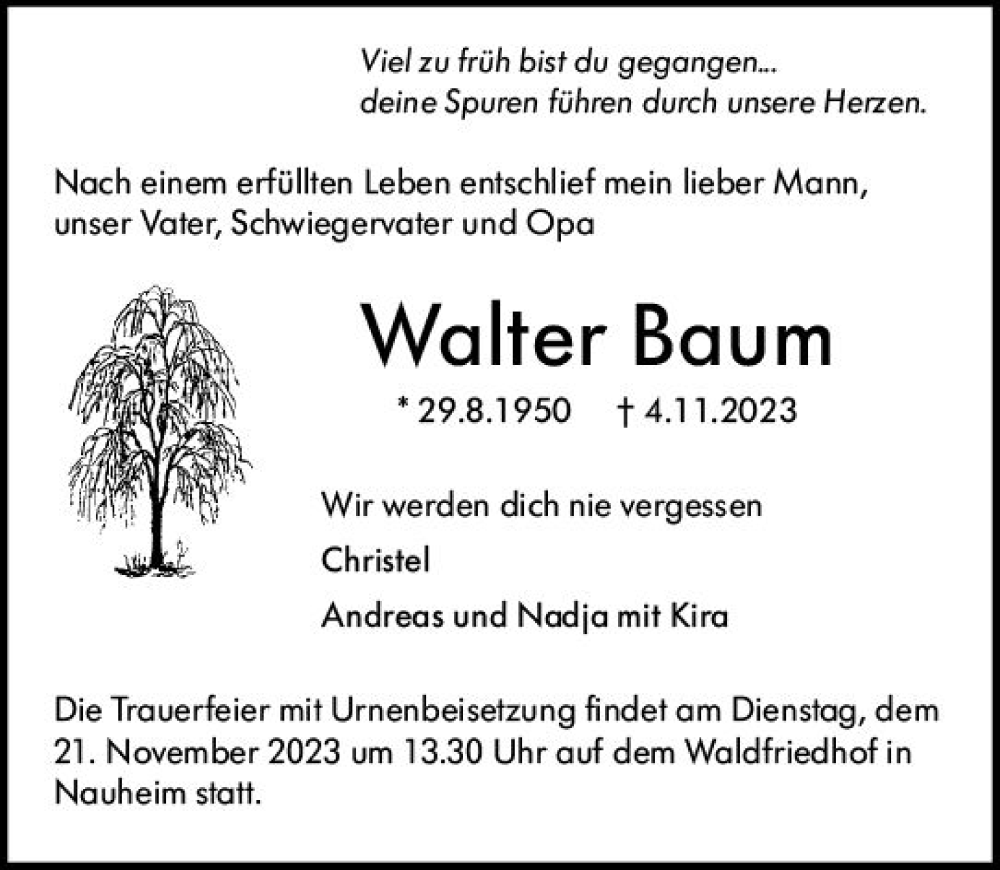  Traueranzeige für Walter Baum vom 18.11.2023 aus Groß-Gerauer Echo