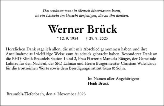 Traueranzeige von Werner Brück von Wetzlarer Neue Zeitung