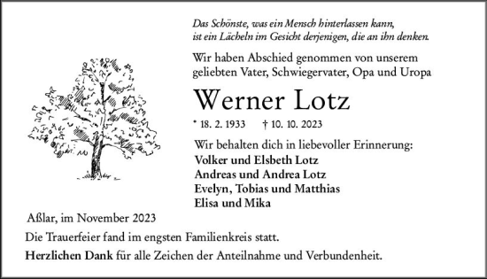 Traueranzeige von Werner Lotz von Wetzlarer Neue Zeitung