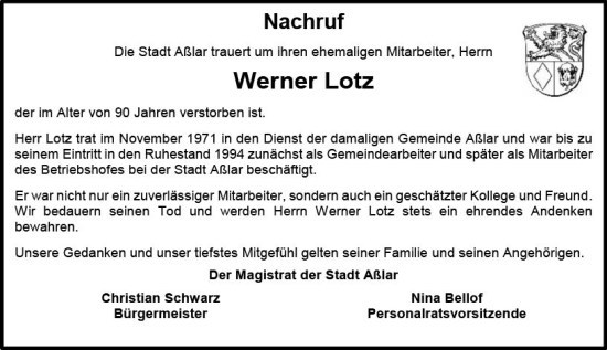Traueranzeige von Werner Lotz von Wetzlarer Neue Zeitung