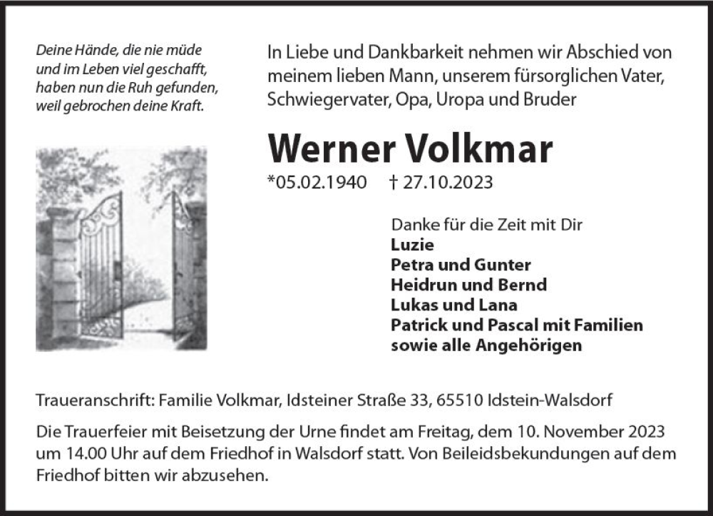  Traueranzeige für Werner Volkmar vom 04.11.2023 aus Idsteiner Land/Untertaunus