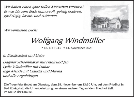 Traueranzeige von Wolfgang Windmüller von Odenwälder Echo