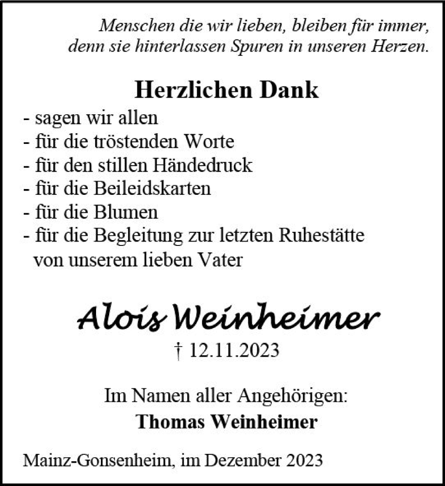  Traueranzeige für Alois Weinheimer vom 16.12.2023 aus Allgemeine Zeitung Mainz