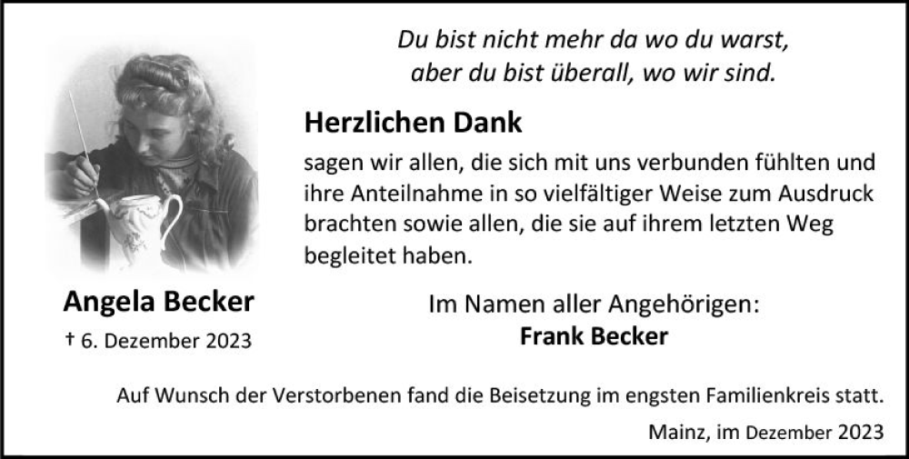  Traueranzeige für Angela Becker vom 23.12.2023 aus Allgemeine Zeitung Mainz