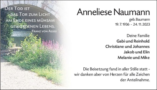Traueranzeige von Anneliese Naumann von Wetzlarer Neue Zeitung