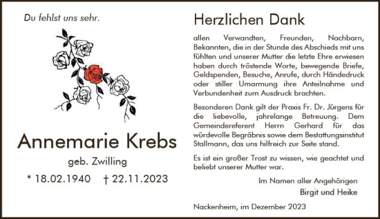 Traueranzeige von Annemarie Krebs von Allgemeine Zeitung Mainz