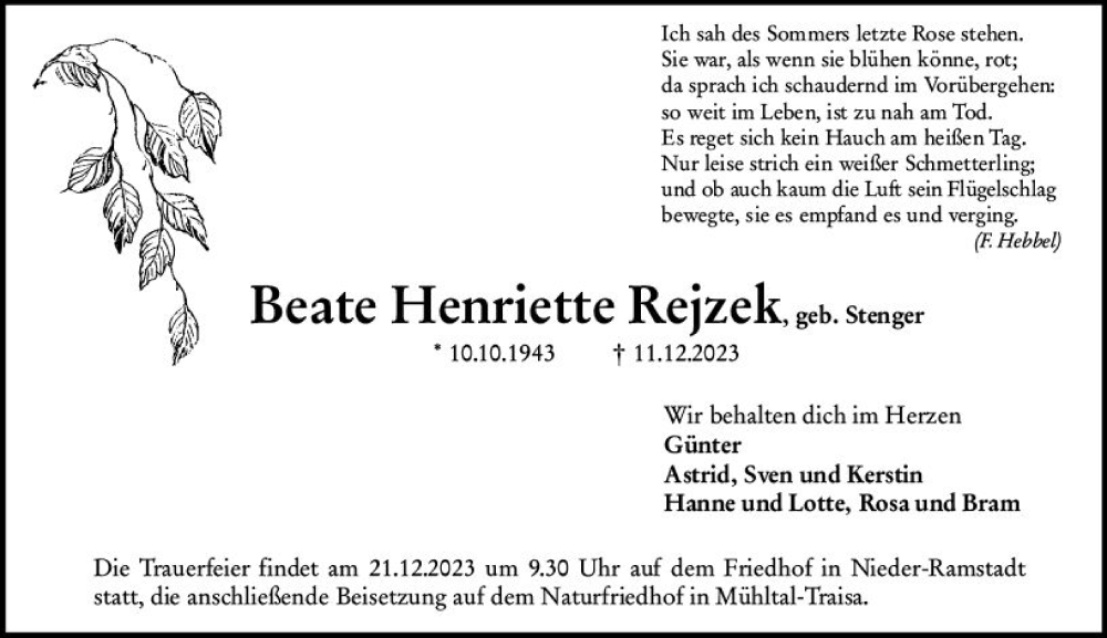  Traueranzeige für Beate Henriette vom 16.12.2023 aus Darmstädter Echo