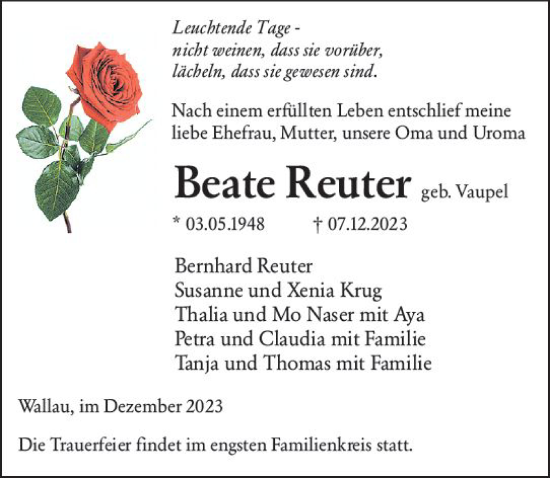 Traueranzeige von Beate Reuter von Hinterländer Anzeiger