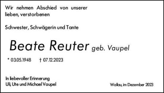 Traueranzeige von Beate Reuter von Hinterländer Anzeiger
