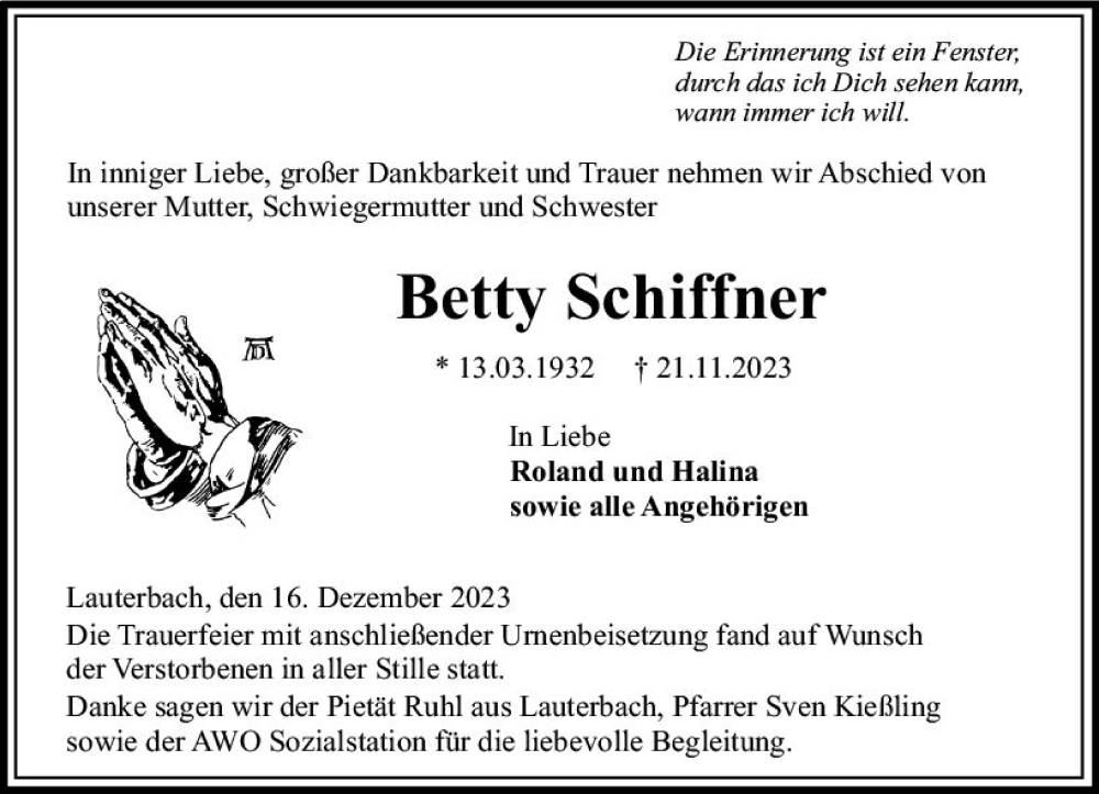  Traueranzeige für Betty Schiffner vom 16.12.2023 aus VRM Trauer