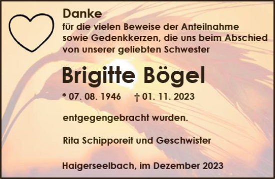 Traueranzeige von Brigitte Bögel von Dill Block