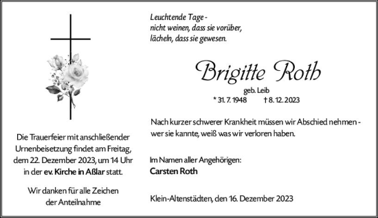 Traueranzeige von Brigitte Roth von Wetzlarer Neue Zeitung
