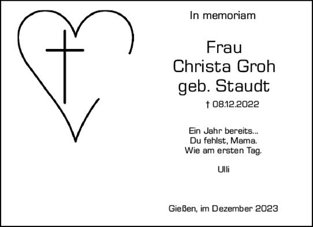  Traueranzeige für Christa Groh vom 08.12.2023 aus Wetzlarer Neue Zeitung