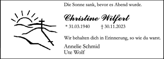 Traueranzeige von Christine Wilfert von Hinterländer Anzeiger
