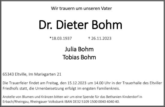 Traueranzeige von Dieter Bohm von Wiesbadener Kurier