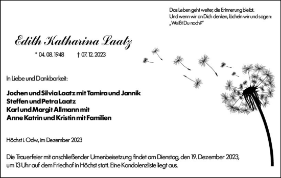 Traueranzeige von Edith Laatz von Odenwälder Echo