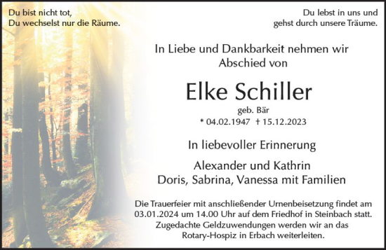Traueranzeige von Elke Schiller von Odenwälder Echo