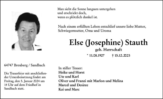 Traueranzeige von Else Stauth von Odenwälder Echo