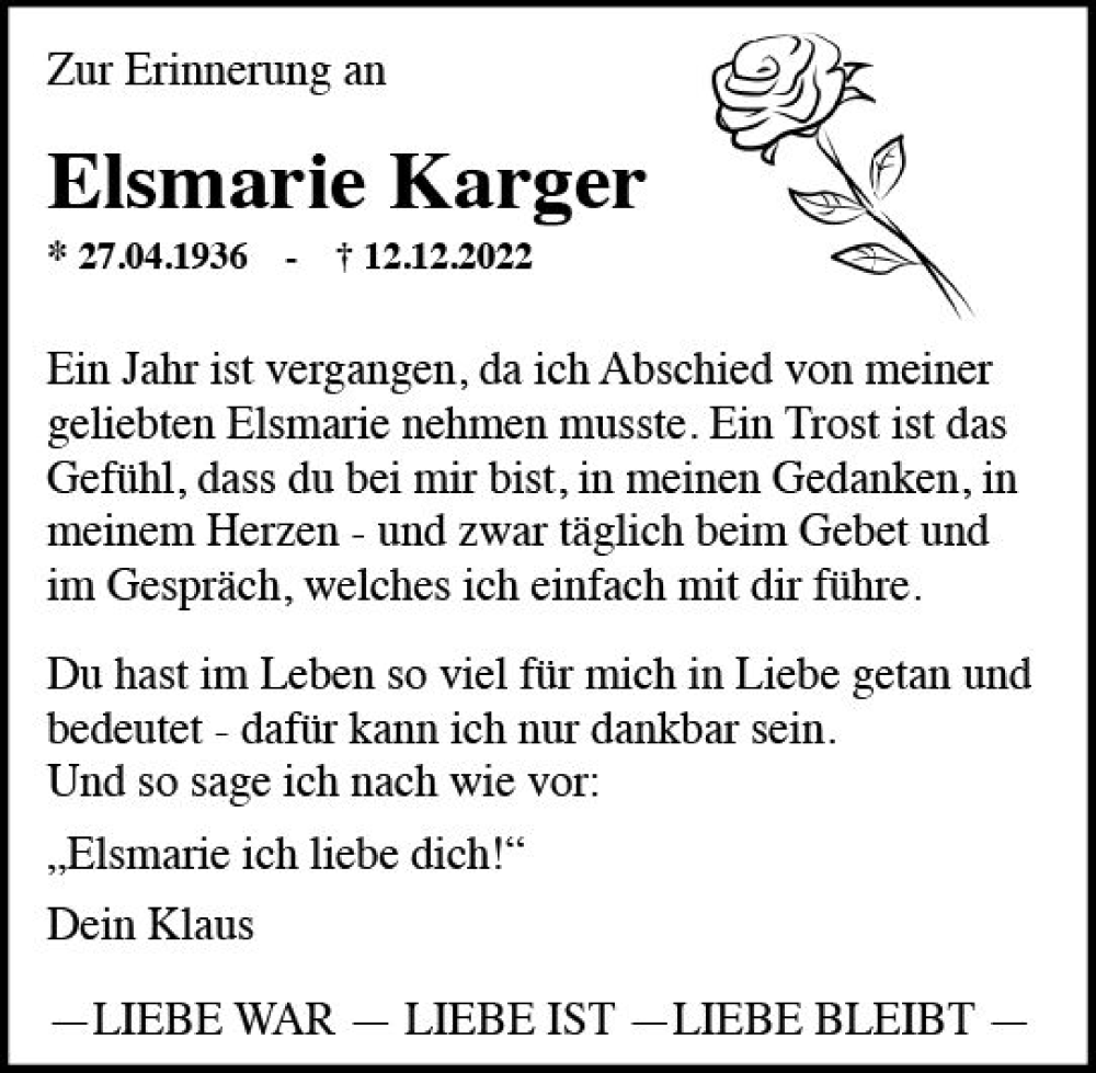  Traueranzeige für Elsmarie Karger vom 12.12.2023 aus Rheingau Kurier