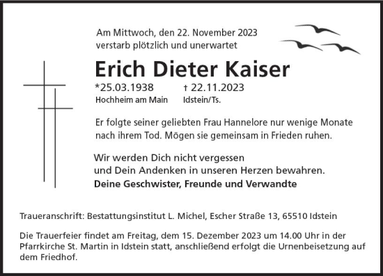 Traueranzeige von Erich Dieter Kaiser von Hochheimer Zeitung