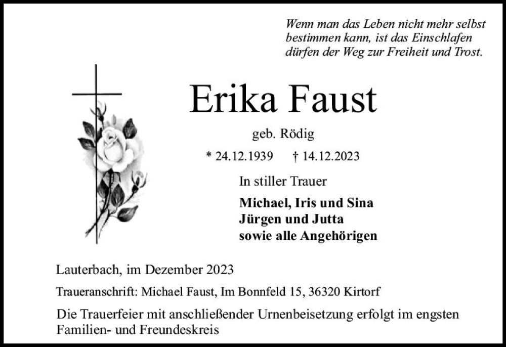  Traueranzeige für Erika Faust vom 23.12.2023 aus VRM Trauer