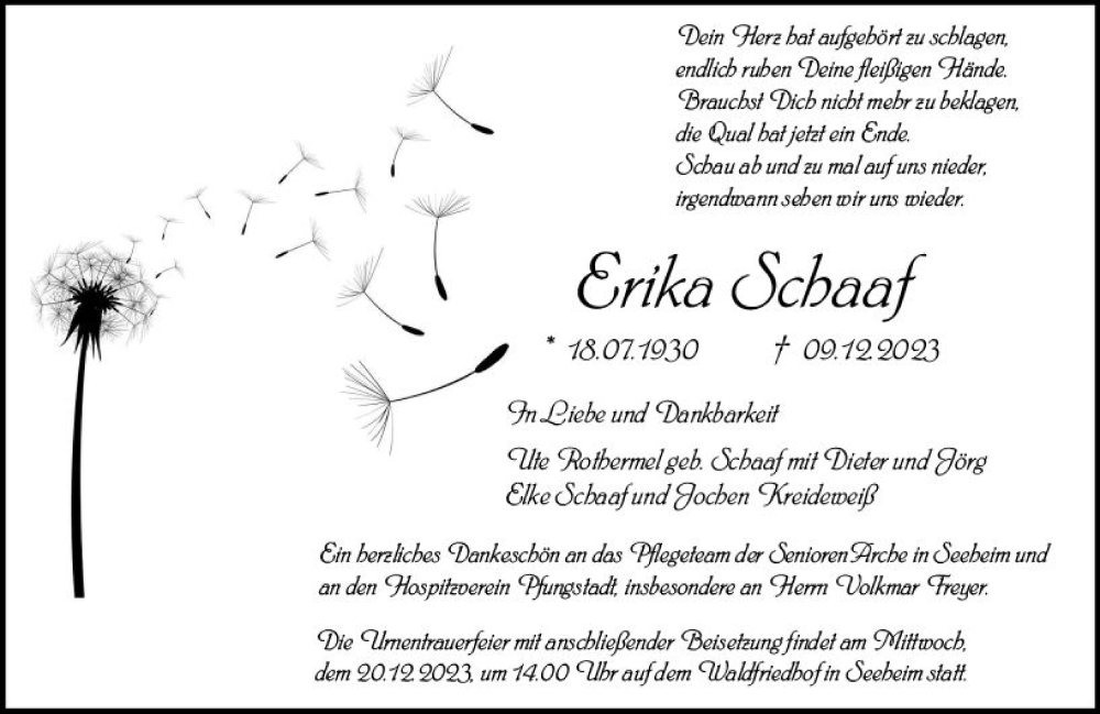  Traueranzeige für Erika Schaaf vom 16.12.2023 aus Darmstädter Echo