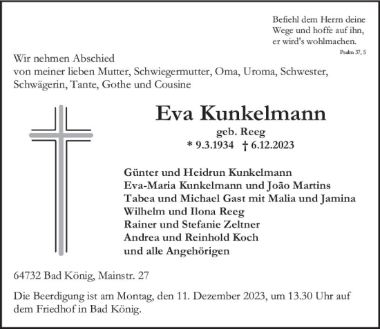 Traueranzeige von Eva Kunkelmann von Odenwälder Echo