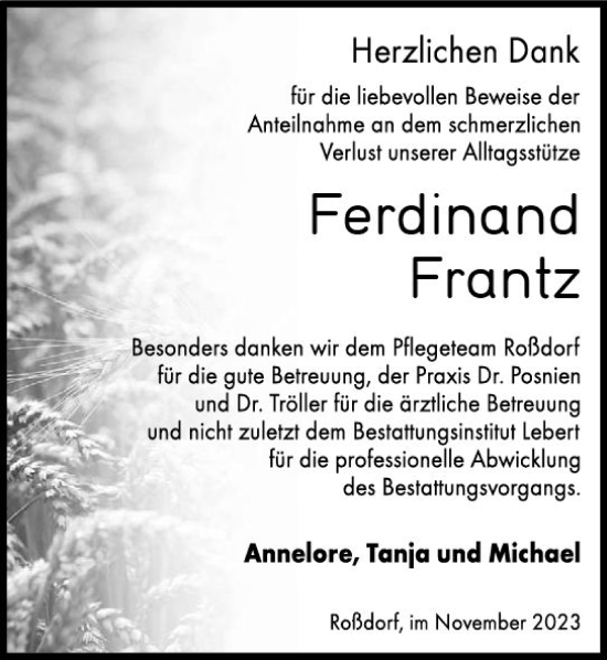 Traueranzeige von Ferdinand Frantz von Darmstädter Echo