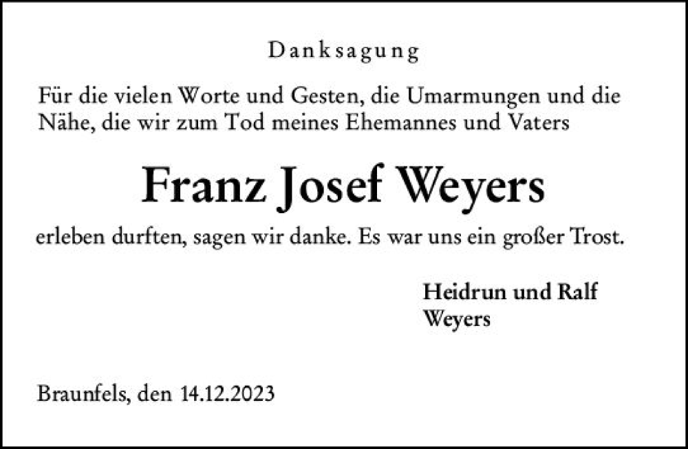  Traueranzeige für Franz Josef Weyers vom 15.12.2023 aus Wetzlarer Neue Zeitung