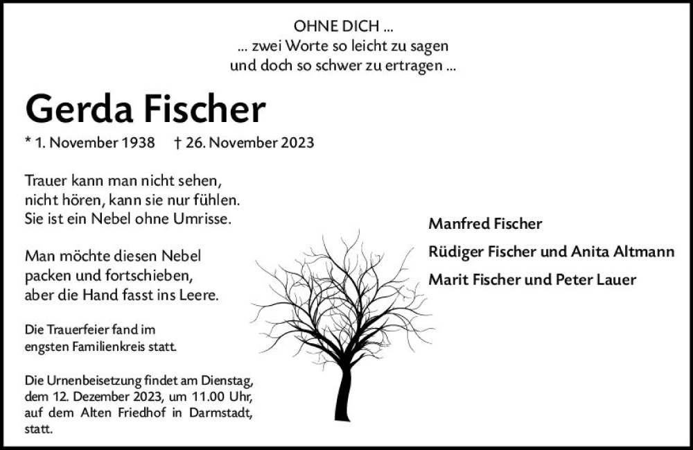  Traueranzeige für Gerda Fischer vom 09.12.2023 aus Darmstädter Echo