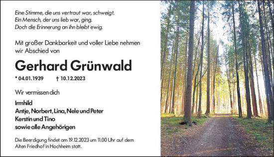 Traueranzeige von Gerhard Grünwald von Hochheimer Zeitung
