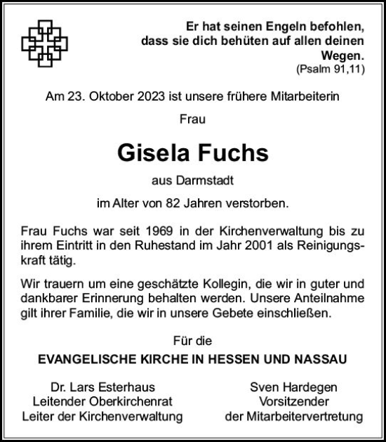 Traueranzeige von Gisela Fuchs von Darmstädter Echo