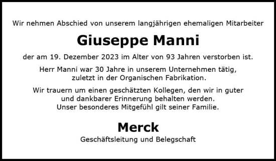 Traueranzeige von Giuseppe Manni von Darmstädter Echo
