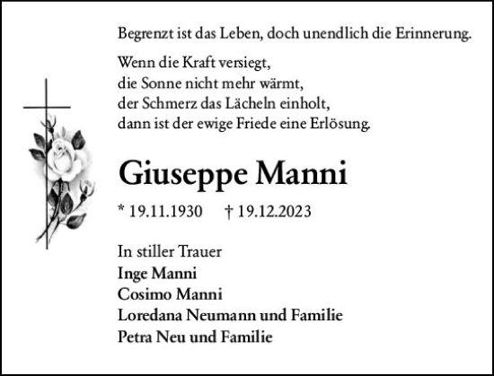 Traueranzeige von Giuseppe Manni von Darmstädter Echo