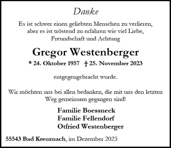 Traueranzeige von Gregor Westenberger von Allgemeine Zeitung Bad Kreuznach