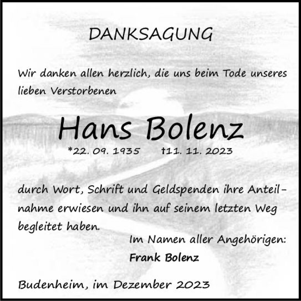  Traueranzeige für Hans Bolenz vom 23.12.2023 aus Allgemeine Zeitung Mainz