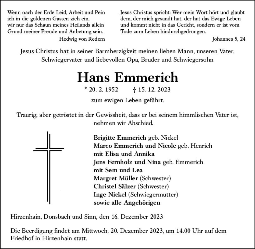  Traueranzeige für Hans Emmerich vom 16.12.2023 aus Dill Block