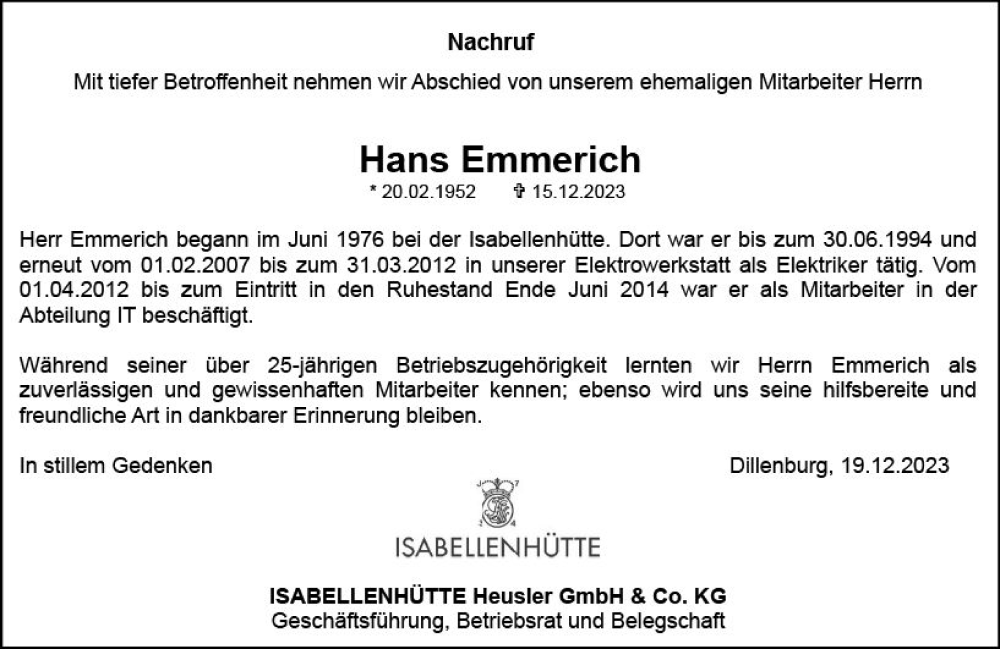  Traueranzeige für Hans Emmerich vom 19.12.2023 aus Dill Block
