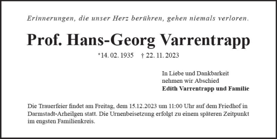 Traueranzeige von Hans-Georg Varrentrapp von Darmstädter Echo