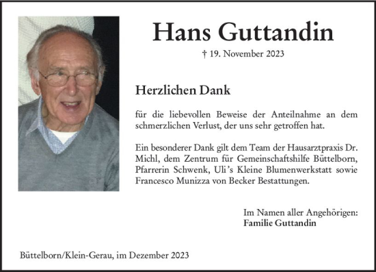 Traueranzeige von Hans Guttandin von Groß-Gerauer Echo