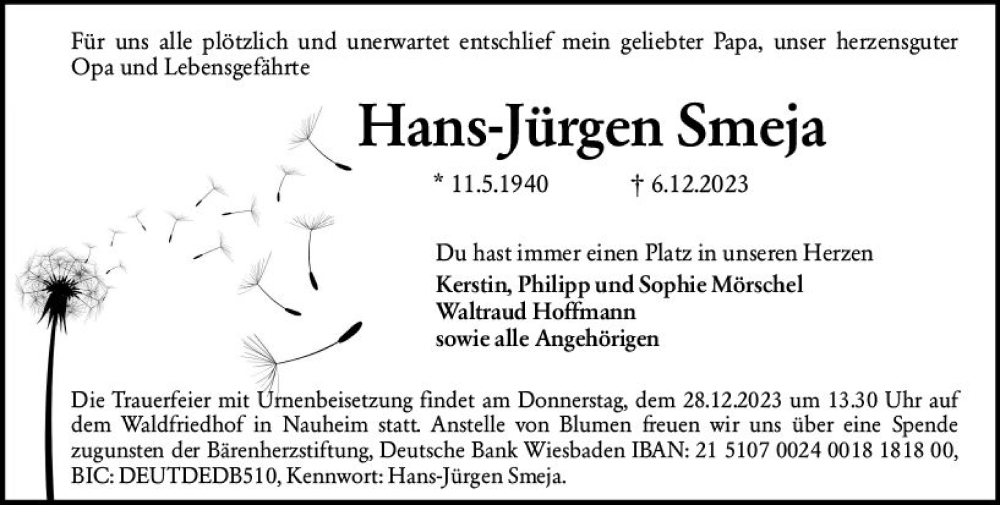  Traueranzeige für Hans-Jürgen Smeja vom 23.12.2023 aus Rüsselsheimer Echo