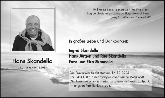 Traueranzeige von Hans Skandella von Allgemeine Zeitung Alzey
