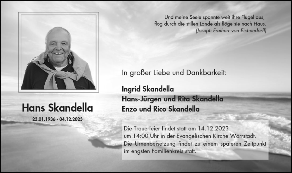  Traueranzeige für Hans Skandella vom 09.12.2023 aus Allgemeine Zeitung Alzey