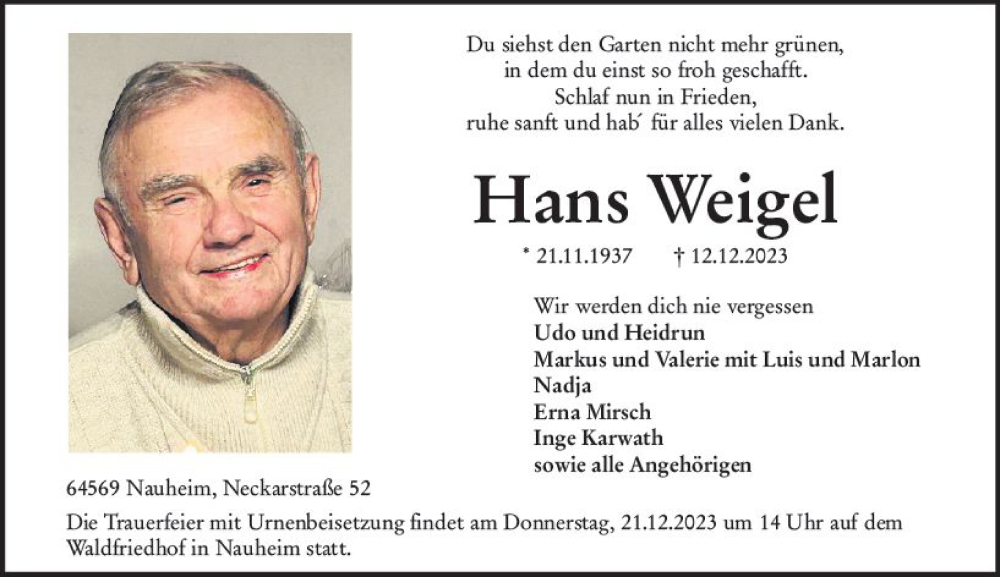  Traueranzeige für Hans Weigel vom 16.12.2023 aus Groß-Gerauer Echo
