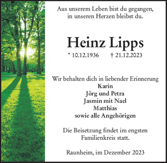 Traueranzeige von Heinz Lipps von Rüsselsheimer Echo