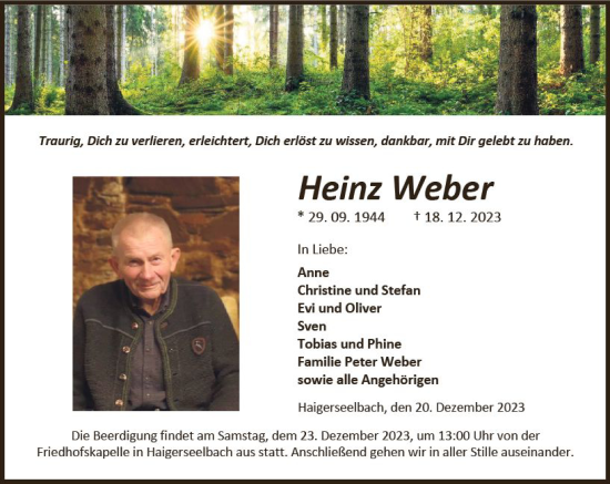 Traueranzeige von Heinz Weber von Dill Block