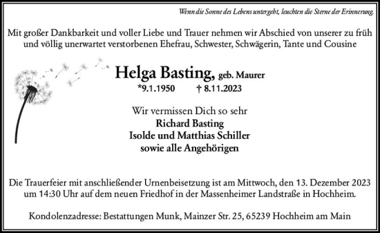 Traueranzeige von Helga Basting von Wiesbadener Kurier