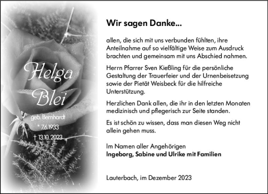 Traueranzeige von Helga Blei von VRM Trauer
